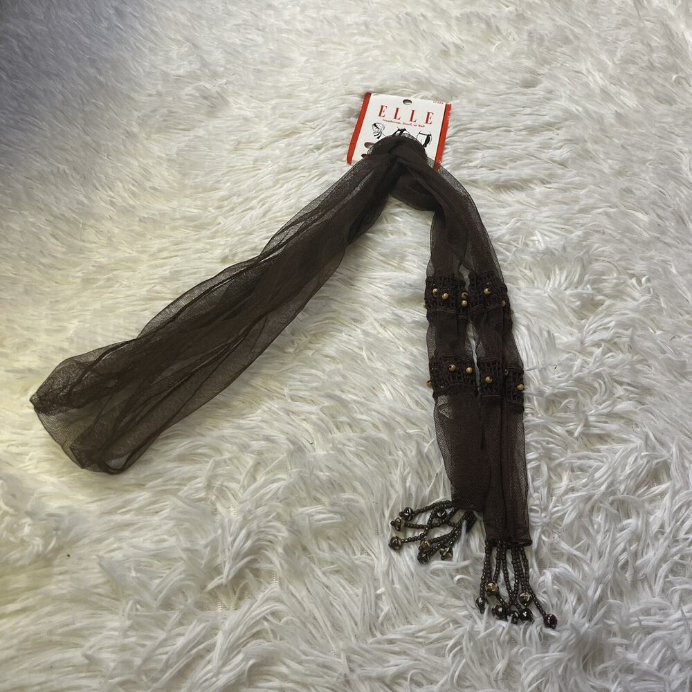 Elle Soft Silk-look Sheer Beaded Accent Scarf Women Scarves Brown